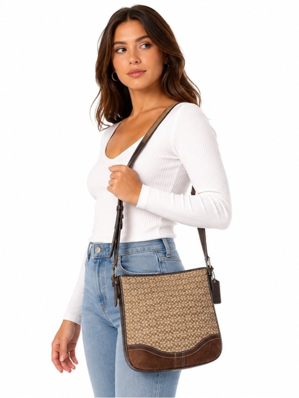 Y2K Coach Signature Shoulder Bag Brown Tan Jacquard Leather Trim Hobo Purse CC